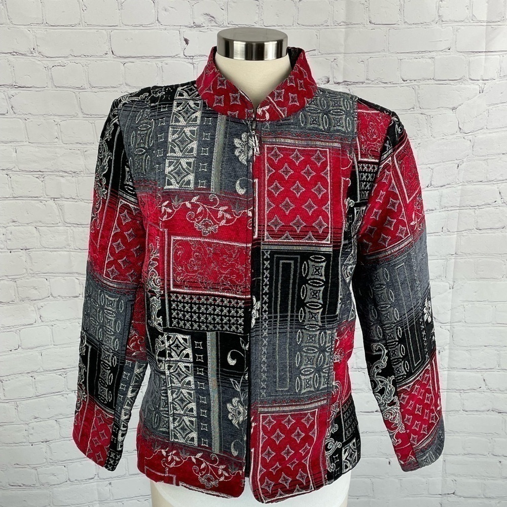 Christopher & Banks Zip Tapestry Blazer Red/Gray/Black Mandarin Collar Large